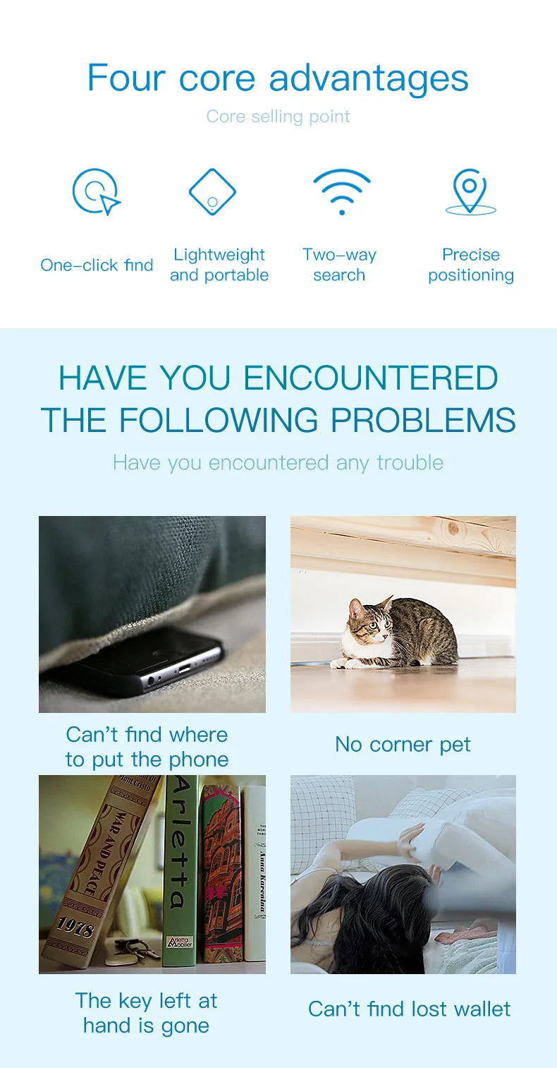 Smart Bluetooth GPS Tracker infographic showing advantages like one-click find, lightweight, and common problems solved.