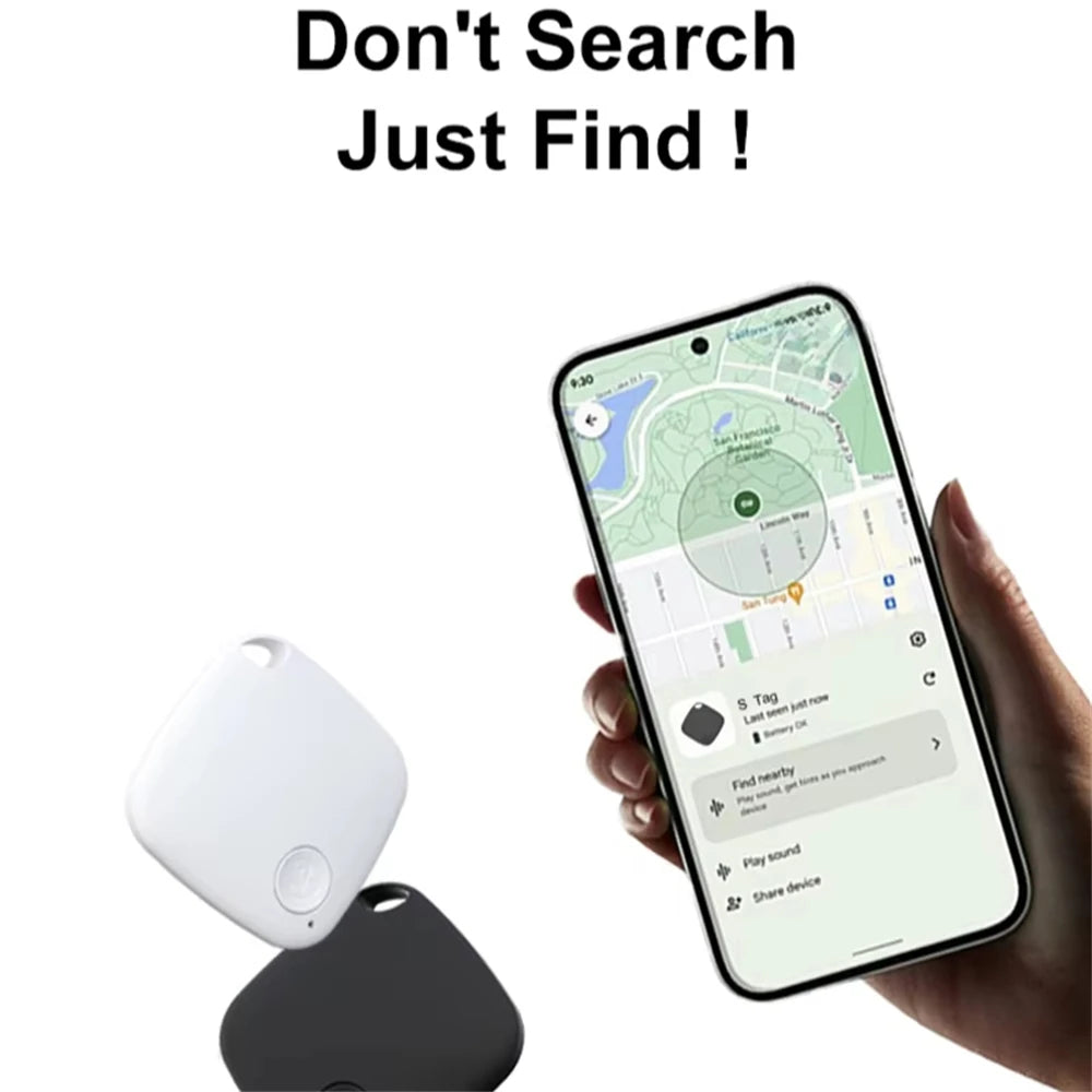 Smart Bluetooth GPS Tracker displayed with phone interface showing location tracking for keys and pets.