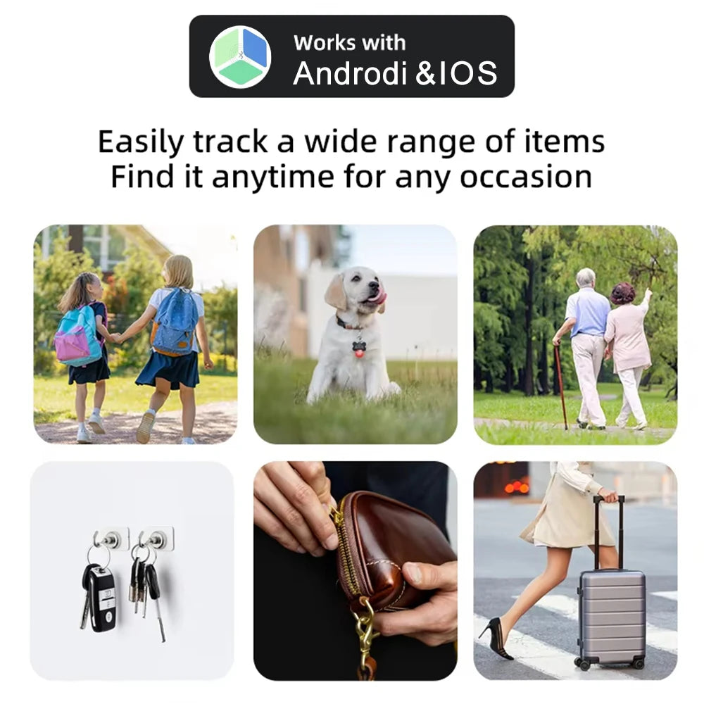 Smart Bluetooth GPS Tracker showcasing tracking keys, pets, and bags for easy item location anytime.