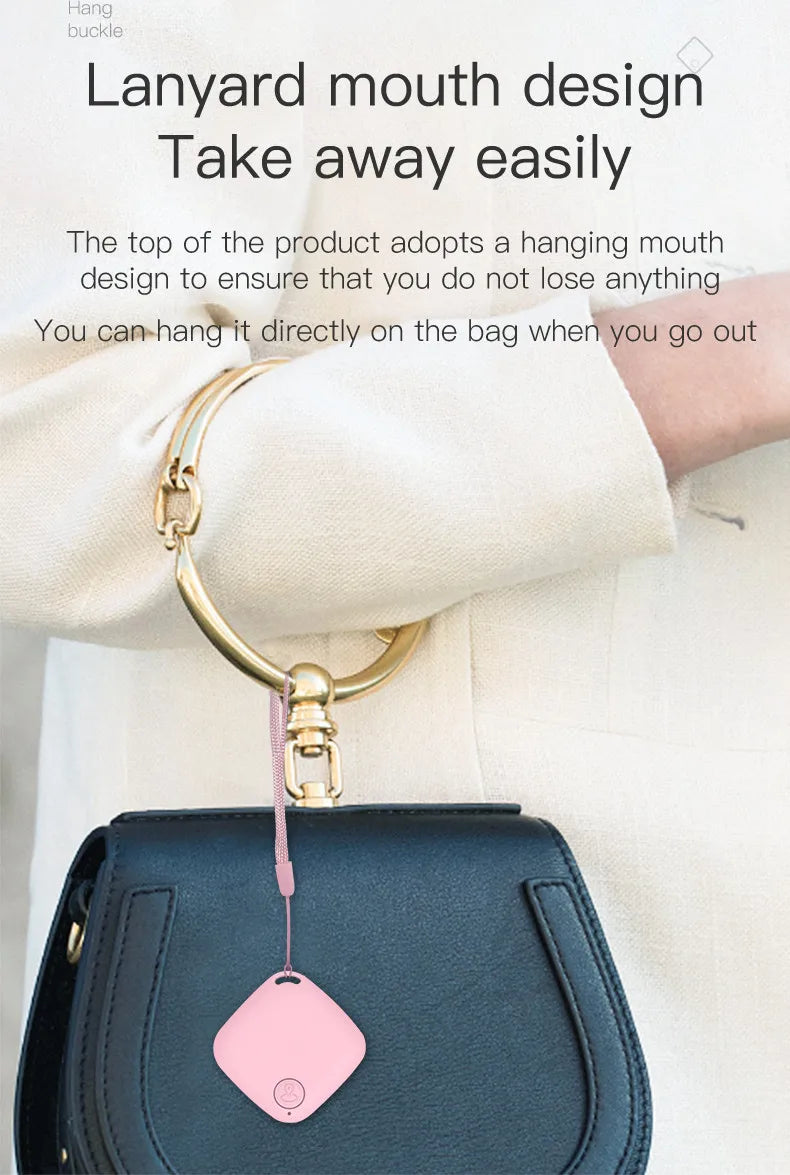Smart Bluetooth GPS Tracker with lanyard design hanging from a stylish bag for easy access.