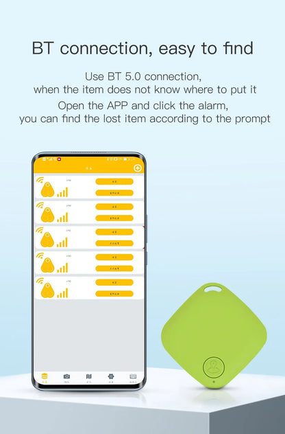 Smart Bluetooth GPS Tracker showing connection feature and app interface for locating lost items.