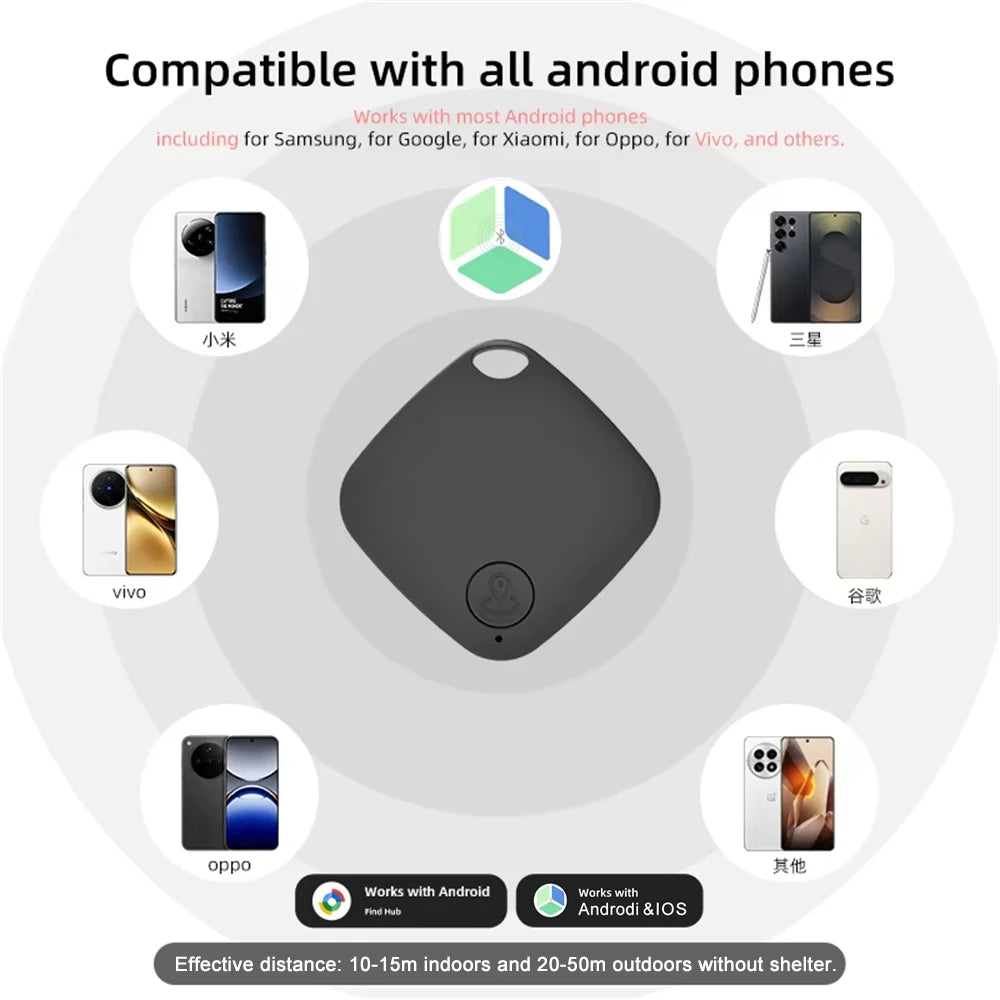 Smart Bluetooth GPS Tracker compatible with all Android phones including Samsung, Google, and Xiaomi devices.