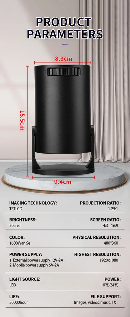 Mini M5 projector, supports 480P 50ANSI, Wireless Screen Mirroring,USB Plug,adjustable 180° projection angle,Glow Party Supplies