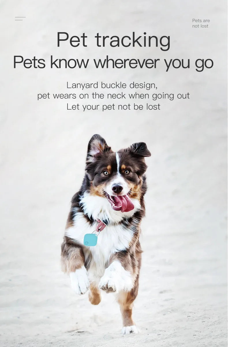 Smart Bluetooth GPS Tracker for pets, showing a dog wearing a tracker with a lanyard buckle design, enabling pet tracking.