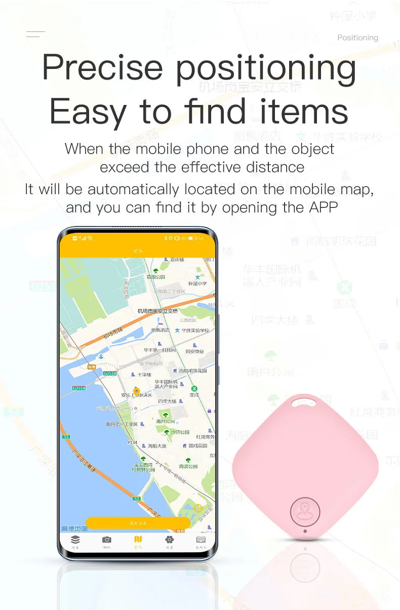 Smart Bluetooth GPS Tracker showing precise positioning and mobile app for easy item finding.