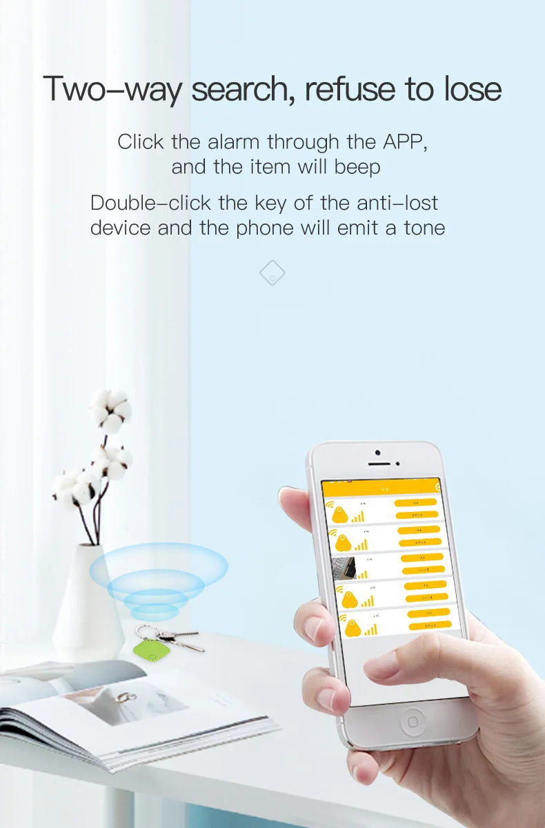 Smart Bluetooth GPS Tracker, two-way search feature, app integration for finding lost items.